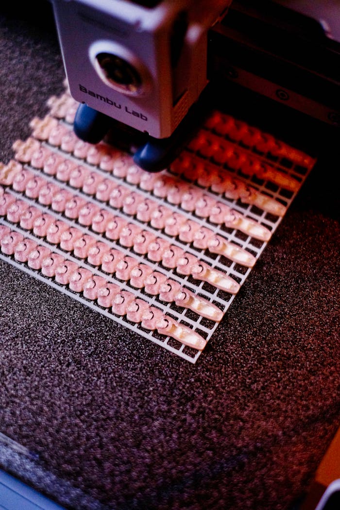 our-story Close-up of 3D printer manufacturing small parts with intricate details in vibrant light.